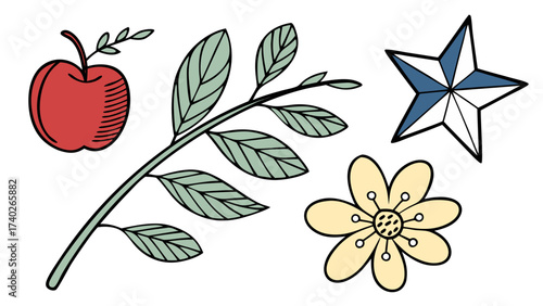 Vibrant illustration of apple, leafy branch, flower, and star