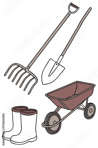Collection of gardening tools including rake, shovel, wheelbarrow, and boots for yard work