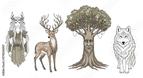 Mythical Forest Guardians: An Elf, Deer, Ent, and Wolf Illustration
