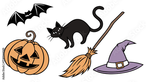 Halloweenthemed clip art featuring bats, black cat, jackolantern, broomstick, and witch hat