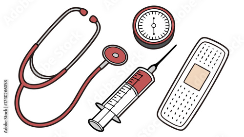 Assorted medical equipment including stethoscope, syringe, bandage, and watch