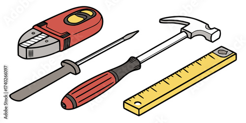 Assorted hand tools including hammer, screwdriver, pencil, and tape measure