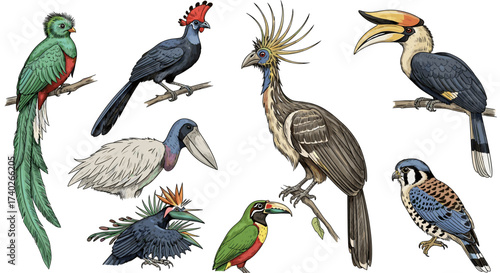 Diverse Group of Exotic Birds Posing on Branches on White