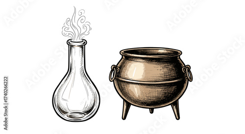 Alchemist tools illustration: Pot and erlenmeyer with smoke on a white background