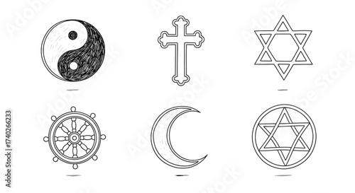 Hand-drawn Religious Symbols Representing Various Beliefs On A White Background