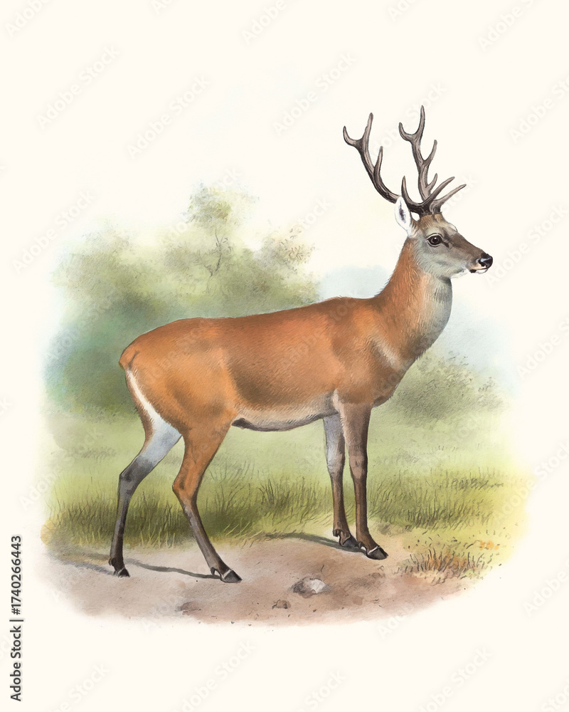 Fototapeta premium Deer illustration. Handmade watercolor and pencil drawing of deer on light beige background.