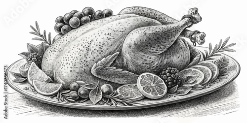 Illustration of a roasted turkey garnished with grapes lemons and blackberries on a platter ready to serve