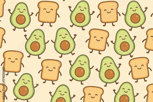 Seamless pattern of cute cartoon avocados and toast slices with happy faces and arms raised
