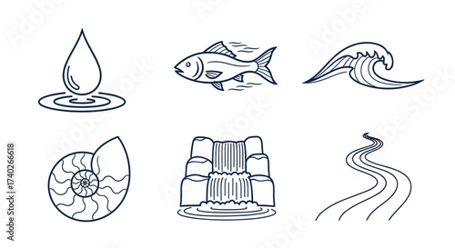 Aquatic nature icons set with line drawings on white background.