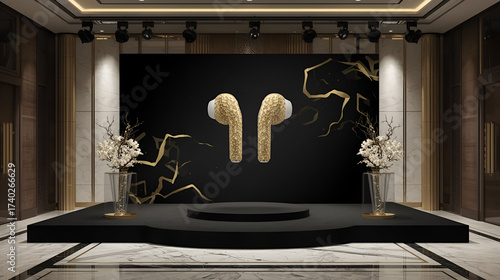Luxury golden earbuds floating on a stage with dramatic lighting