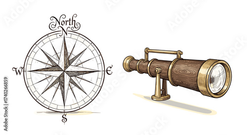Vintage nautical navigation featuring compass rose and a spyglass illustration.
