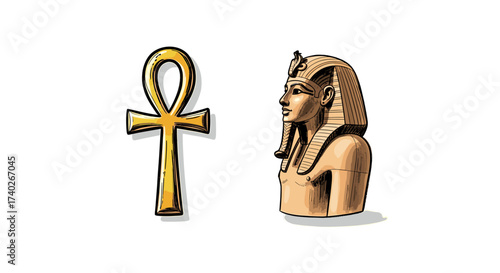 Egyptian Ankh and Pharaoh Bust, Drawn Illustration with Ancient Symbolism