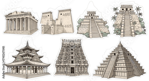 Global architectural landmarks stickers showcasing iconic structures and cultural heritage