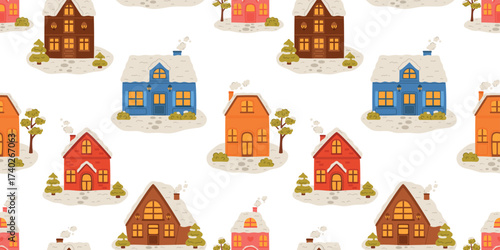 Seamless Christmas village pattern with snowy houses, cozy holiday winter background.