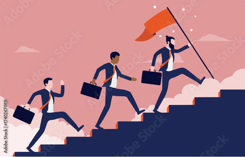 Business people running - Group of people in career race going fast up stairs to success while holding flag in hand. Competition and achievement concept vector illustration