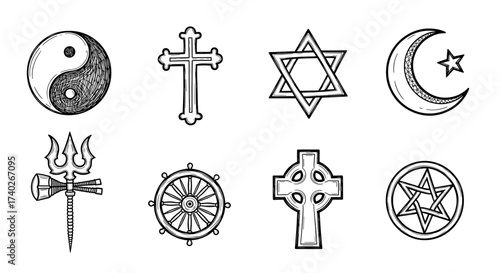 Diverse Religious and Spiritual Symbols Drawn in Artistic Sketch Style