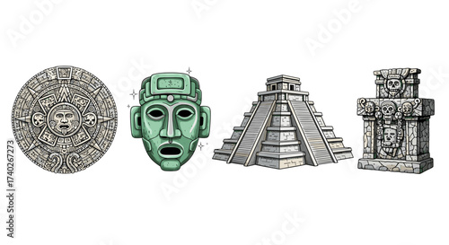 Ancient Mayan Civilization Icons: Stone Calendar, Mask, Pyramid, Carved Shrine