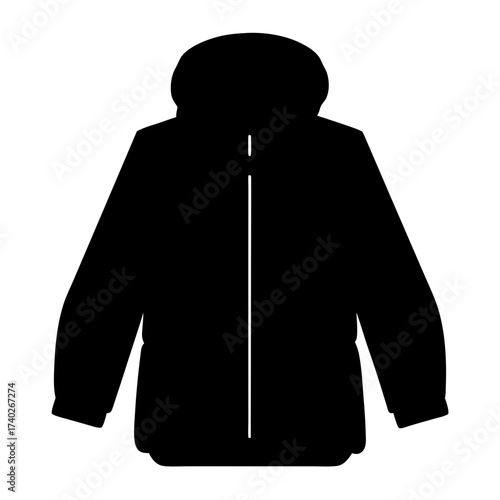 Silhouette of a winter coat with a hood and central zipper