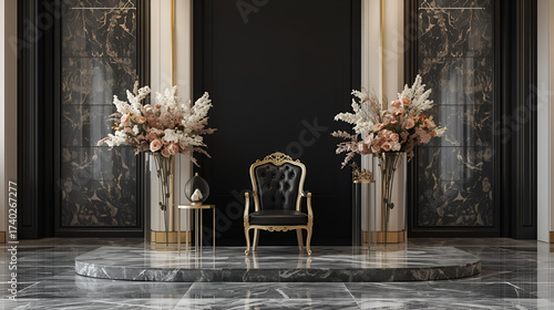 Elegant royal throne with floral arrangements in a grand hall