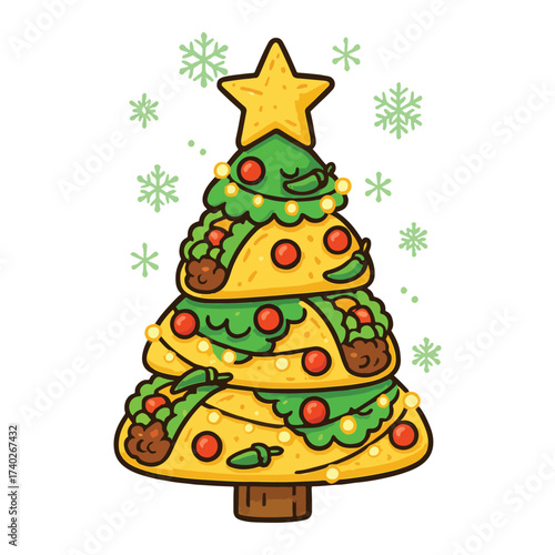 Whimsical taco christmas tree decorated with lights and star topper
