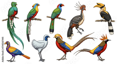 Colorful Exotic Bird Illustrations of Quetzal, Hornbill and Golden Pheasant