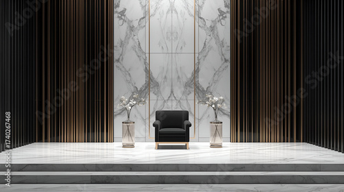 Luxurious minimalist throne room with grand marble and elegant seating