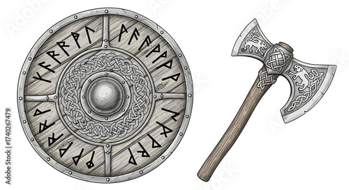 Medieval Viking Battle Gear: A Detailed Shield and Axe Illustration