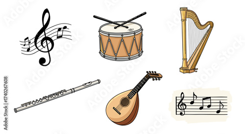 Musical instruments collage displaying drum, harp, flute, lute, and musical notes