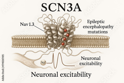 SCN3A gene and its role in epileptic encephalopathy, illustrating Nav1.3 channel function and neuronal excitability with sodium ion transport.