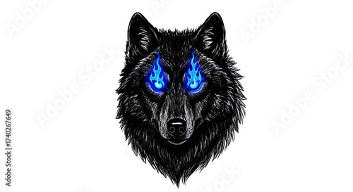 Intense black wolf with bright blue fiery eyes against white