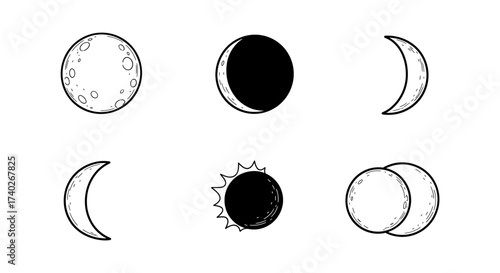 Hand Drawn Lunar Phases, Solar Eclipse Illustration on White Background