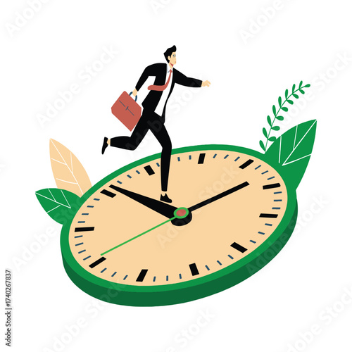 Busy businessman running on a large clock face representing the passage of time
