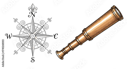 Antique Spyglass and Compass Rose Nautical Voyage Illustration on White