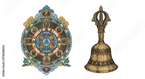 Elaborate Dharma Wheel and Bell Illustration, Vibrant Buddhist Imagery