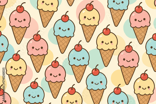 Adorable kawaii ice cream cones with cherry topping in a fun pastel pattern