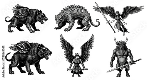 Mythical Creatures Collage: Fantastic Beasts and Winged Warriors in Black and White