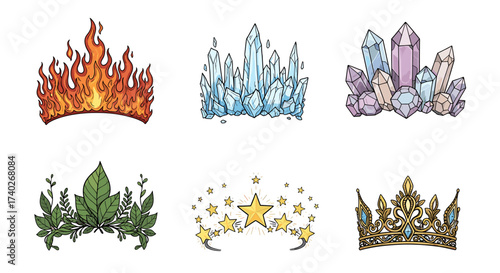 Variety of Fantasy Crown Elements: Fire, Crystals, Leaves, and Stars