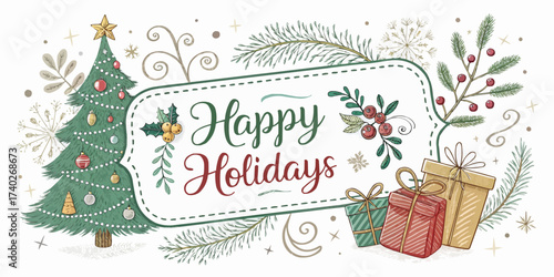 A festive holiday scene with a christmas tree presents and the words happy holidays in a decorative frame