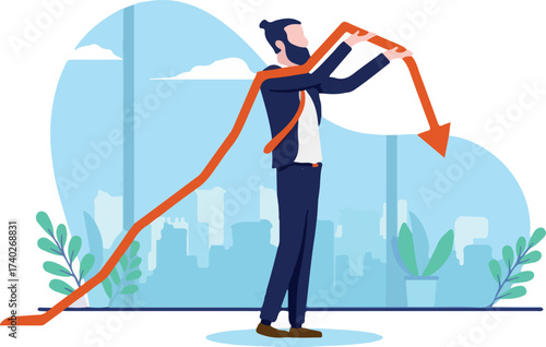 Business recession - Businessman holding falling red arrow showing financial trouble and problem. Economic failure concept flat design vector illustration with white background