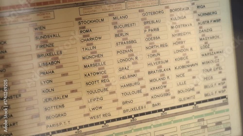 Old FM AM radio dial with multiple world city names, lots of cities country capitals listed simple concept, object closeup detail vintage tuner frequency scale retro electronics panel detail nobody