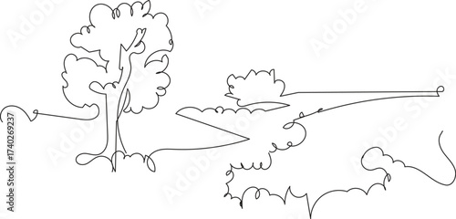 Sketchy outline of a rustic landscape with a tree and a distant building in a simple line drawing style