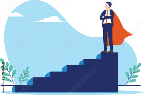 Businessman on top of stairs - Superhero man standing proud on staircase with folded hands. Winner and success concept, flat design vector illustration with white background 