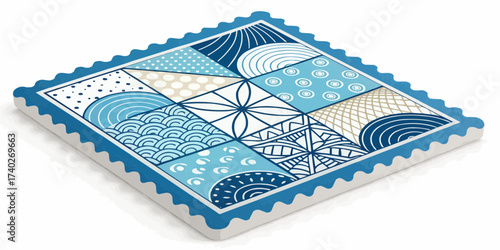 A square coaster with blue scalloped edges and a patchwork of geometric and floral designs in blue tones