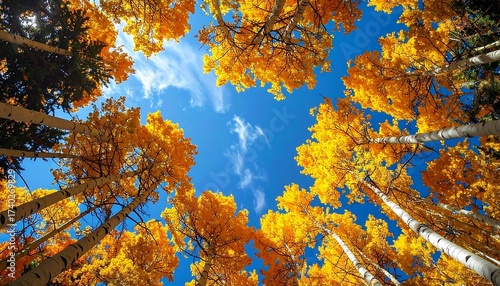 Looking Up Through Autumn Trees With Yellow Leaves Against a Blue Sky