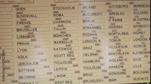 Vintage shortwave radio dial closeup with world cities and capitals on glass scale, camera move across retro analog tuner, shallow depth of field, travel concept, receiver frequency scale scrolling