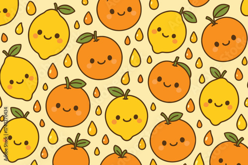 Cute kawaii citrus fruits lemon orange pattern with water droplets seamless background