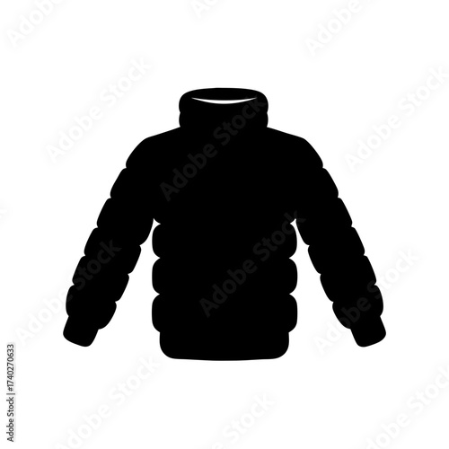 Black Silhouette of a Warm Winter Down Puffer Jacket with High Neck