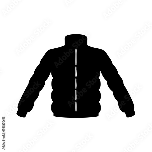 Black silhouette of a winter puffer jacket with zipper and high collar