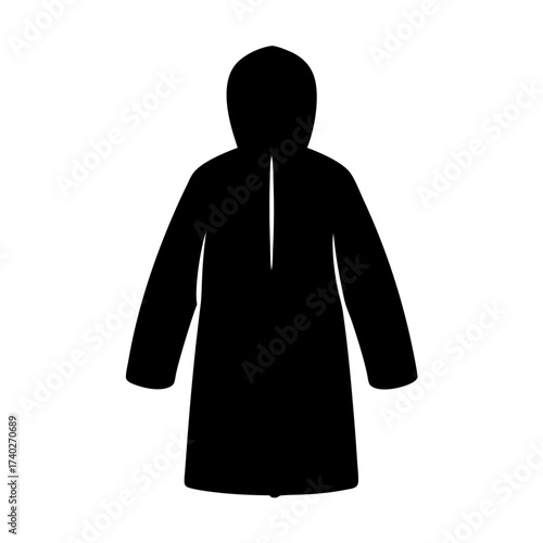 A black silhouette of a hooded coat or raincoat illustration
