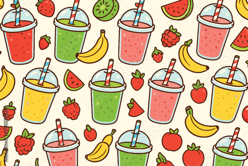 Vibrant hand drawn seamless pattern of colorful fruit smoothies and fresh ingredients